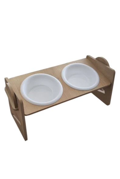 Ayarlanabilir Ahşap 2 Plastik Taslı Kedi Ve Köpek Mama Ve Su Kabı BEYAZ - Resim 4