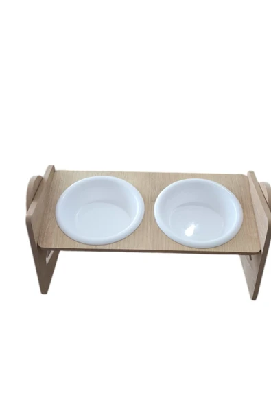 Ayarlanabilir Ahşap 2 Plastik Taslı Kedi Ve Köpek Mama Ve Su Kabı BEYAZ - Resim 3