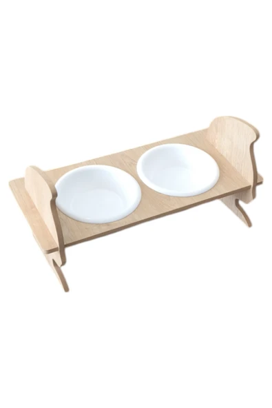 TİNEKE  KEDİ KAFALI AHŞAP 2 Plastik Taslı Kedi Ve Köpek Mama Ve Su Kabı BEYAZ ürün görseli