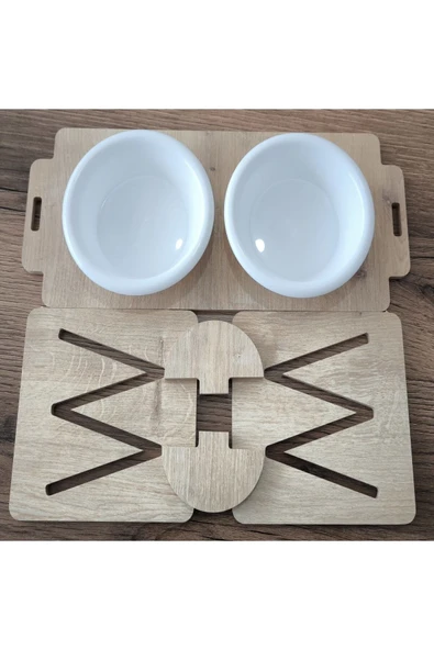Ayarlanabilir Ahşap 2 Plastik Taslı Kedi Ve Köpek Mama Ve Su Kabı BEYAZ - Resim 6
