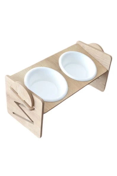 Ayarlanabilir Ahşap 2 Plastik Taslı Kedi Ve Köpek Mama Ve Su Kabı BEYAZ ürün görseli