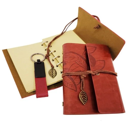 Dekoratif Ahşap Kutulu Kahverengi Deri Defter ve Anahtarlık Set - 2