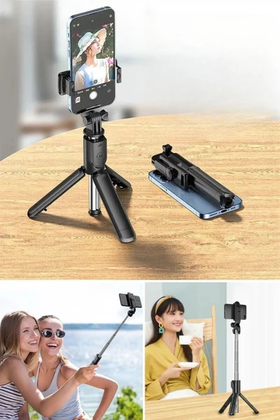 Öz Çekim Çubuğu Tripod Olabilen Telefon Tutuculu Masaüstü Kablosuz Kumandalı Selfie Çubuğu - 8