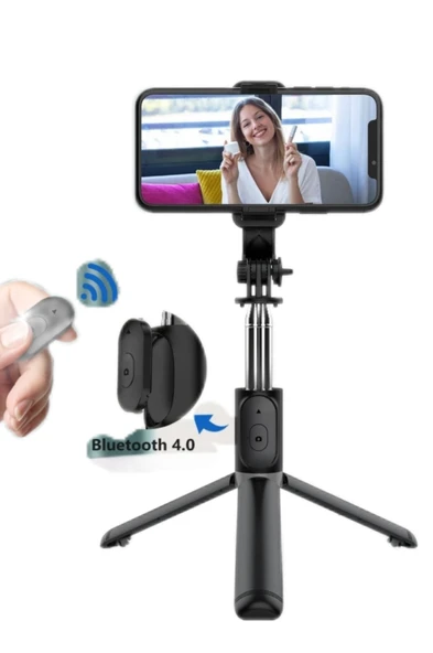 Öz Çekim Çubuğu Tripod Olabilen Telefon Tutuculu Masaüstü Kablosuz Kumandalı Selfie Çubuğu - 6