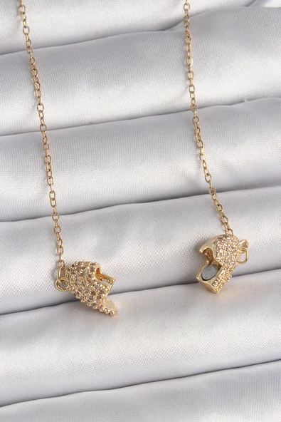316L Çelik Gold Renk Zincir Zirkon Taşlı Mıknatıslı Kalp Model Kadın Kolye - TJ-BKO9728 - 2