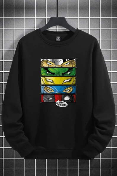 macklin Unisex Kadın Erkek Marvel Karakterler Tasarım Logo Baskılı Sıfır Yaka Siyah Polar Sweatshirt - 1
