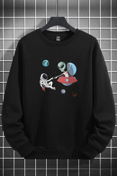 macklin Unisex Kadın Erkek Uzaylı Astronot Baskılı Sıfır Yaka Siyah Sweatshirt