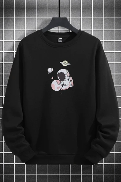 macklin Unisex Kadın Erkek Pembe Astronot Baskılı Sıfır Yaka Sweatshirt - 1