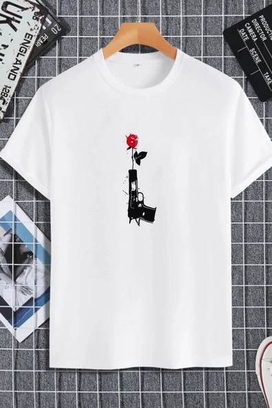 macklin Unisex Kadın Erkek Gül Silah Baskılı Oversize T-shirt