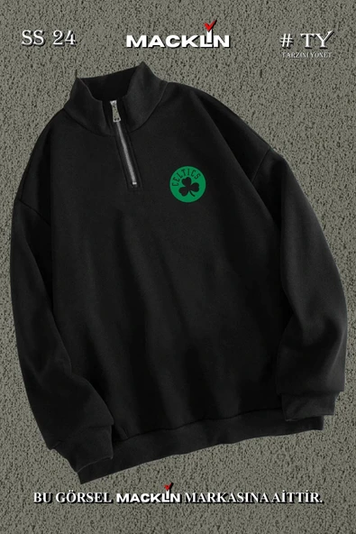 macklin Unisex Cltic Baskılı Yarım Fermuarlı Dik Yaka Basic Sweatshirt