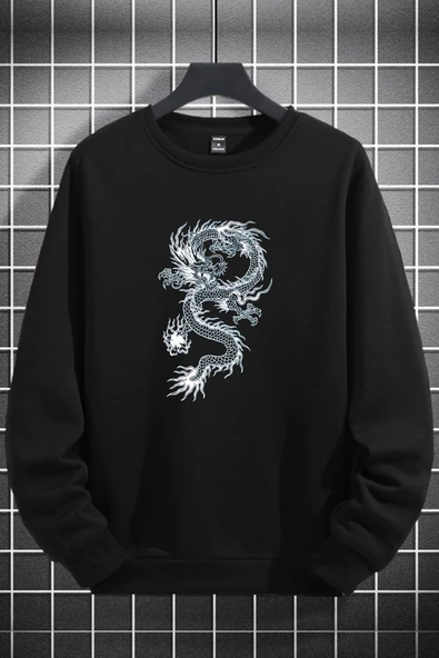 macklin Unisex Kadın Erkek Beyaz Ejderha Baskılı Sıfır Yaka Sweatshirt