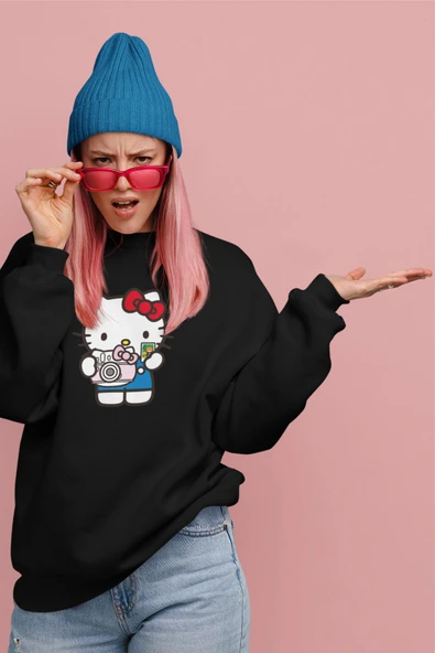 macklin Unisex Kadın Erkek Hello Kitty Kamera Baskılı Bisiklet Yaka Sweatshirt - 2