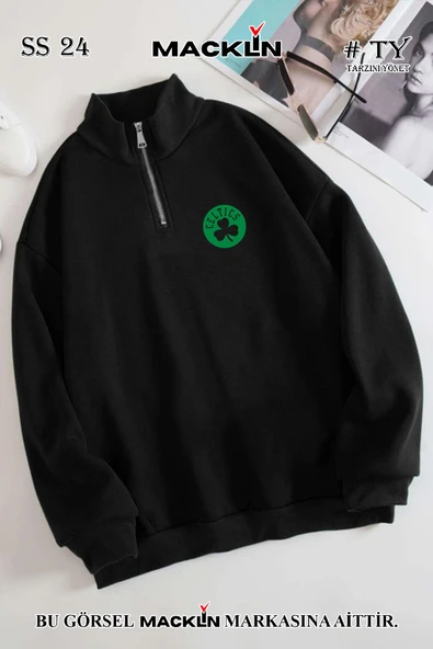 macklin Unisex Kadın Erkek Cltic Baskılı Yarım Fermuarlı Dik Yaka Basic Sweatshirt
