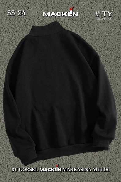 macklin Unisex Bardak El Japon Yazı Baskılı Yarım Fermuarlı Dik Yaka Basic Sweatshirt - 2