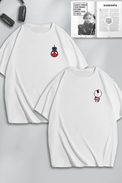 macklin Unisex Kadın Erkek Hello Kitty Spiderman Baskılı Sevgili Çift Kombini Tasarım Oversize Tshirt 2'li