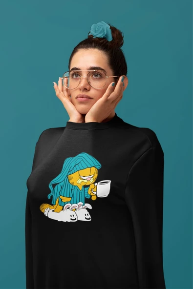 macklin Unisex Kadın Erkek Garfield Özel Tasarım Baskılı Bisiklet Yaka Sweatshirt