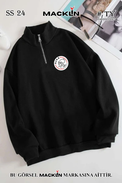 macklin Unisex Kadın Erkek Ajax Amsterdam Logo Baskılı Yarım Fermuarlı Dik Yaka Basic Sweatshirt