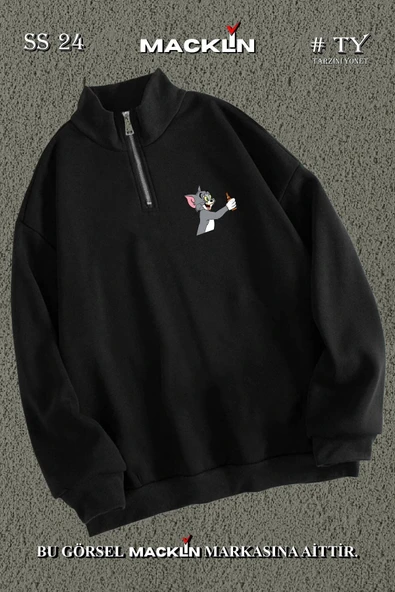 macklin Unisex Tom And Jery Rakılı veya Biralı Baskılı Yarım Fermuarlı Dik Yaka Basic Sweatshirt