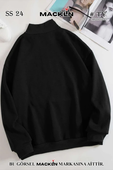 macklin Unisex Kadın Erkek Sevimli Panda Baskılı Yarım Fermuarlı Dik Yaka Basic Sweatshirt - 2