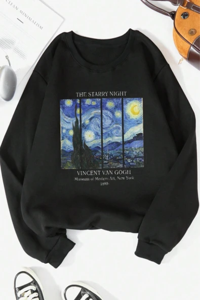 macklin Unisex Kadın Erkek Vıncent Van Gogh Özel Tasarım Baskılı Bisiklet Yaka Sweatshirt - 1