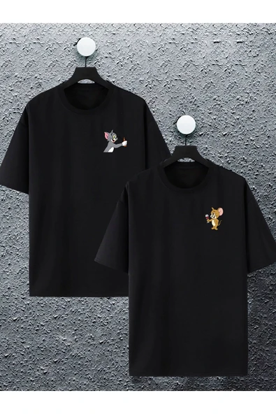 macklin Unisex Kadın Erkek Tom Ve Jerry Bira Baskılı Sevgili Çift Kombini Tasarım Oversize T-shirt 2'li Set