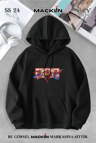macklin Unisex Kadın Erkek Marvel Spiderman Özel Tasarım Baskılı Kapşonlu Sweatshirt