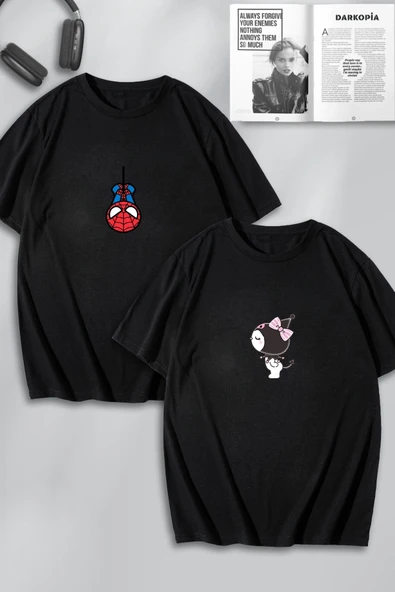 macklin Unisex Kadın Erkek Spiderman Kuromi Sevgili Çift Kombini Tasarım Oversize Tshirt 2'li