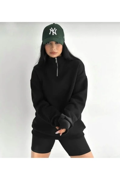 macklin Unisex Kadın Erkek Baskısız Yarım Fermuarlı Dik Yaka Basic Sweatshirt
