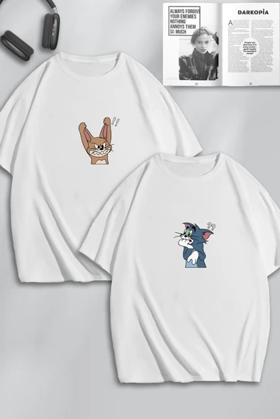 macklin Unisex Kadın Erkek Sinirli Tom ve Jerry Baskılı Sevgili Çift Kombini Tasarım Oversize Tshirt 2'li