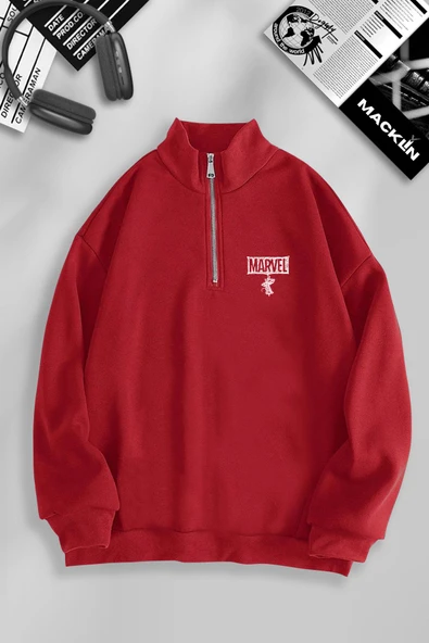 macklin Unisex Kadın Erkek Marvel Spiderman Baskılı Yarım Fermuarlı Dik Yaka Basic Sweatshirt - 1