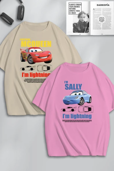 macklin Unisex Kadın Erkek I'm Sally & Mcqueen Cars Baskılı Sevgili Çift Kombini Tasarım Oversize Tshirt 2li - 1
