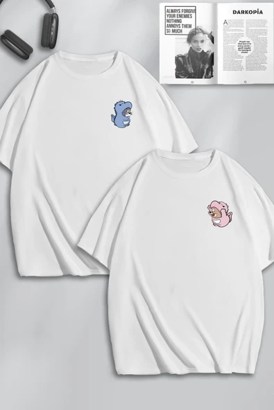 macklin Unisex Kadın Erkek Dinozor Tom ve Jerry Baskılı Sevgili Çift Kombini Tasarım Oversize Tshirt 2'li
