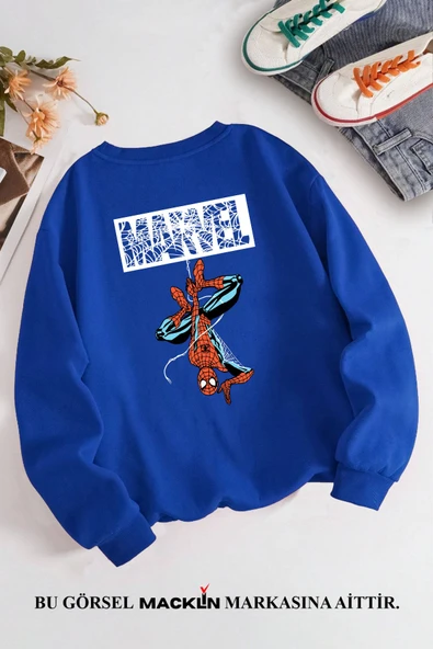 macklin Unisex Kadın Erkek Marvel Spiderman Ön ve Arka  Özel Tasarım Baskılı Bisiklet Yaka Sweatshirt