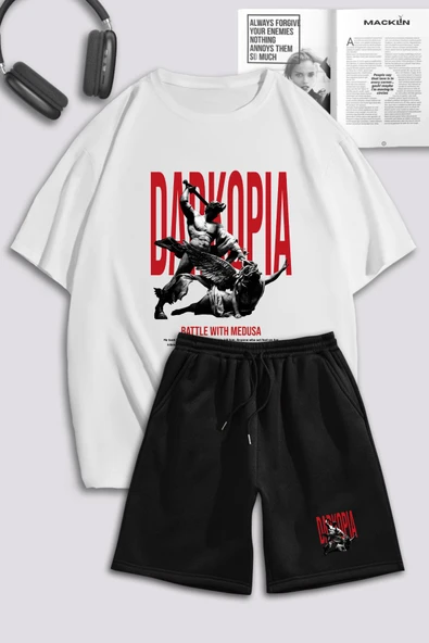 macklin Unisex Kadın Erkek Battle With Medusa Baskılı Özel Tasarım Oversize T shirt Ve Şort Eşofman Takımı