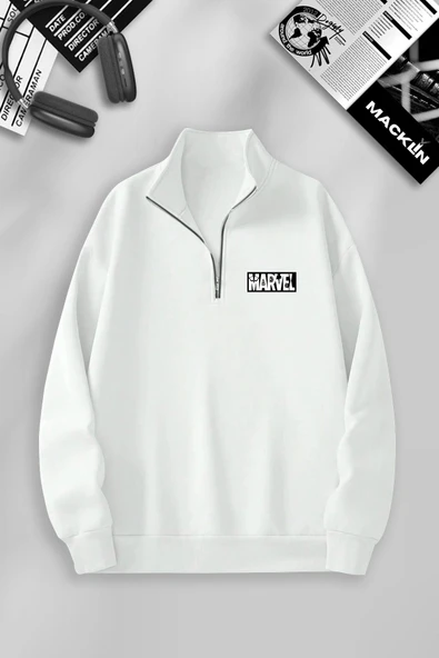 macklin Unisex Kadın Erkek Marvel Logo Baskılı Yarım Fermuarlı Dik Yaka Basic Kazak Sweatshirt