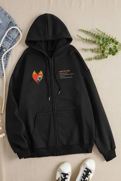 macklin Unisex Kadın Erkek Kapüşonlu Burn To Head Baskılı Fermuarlı Sweatshirt Polar Ceket
