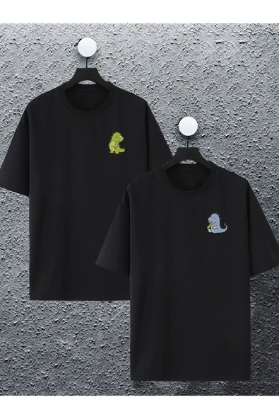 macklin Unisex Kadın Erkek Dinozor Sevgili Baskılı Sevgili Çift Kombini Tasarım Oversize Tshirt 2'li
