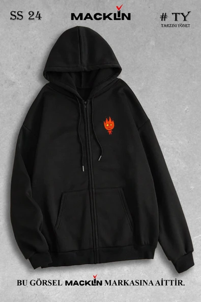 macklin Unisex Kadın Erkek Ateş ve Su Baskılı Kapüşonlu Fermuarlı Sevgili Tasarım Sweatshirt Polar Ceket