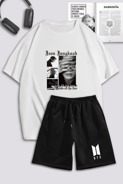 macklin Unisex Kadın Erkek Jeon Jungkook BTS Baskılı Özel Tasarım Oversize Tshirt Ve Şort Eşofman Takımı - 1
