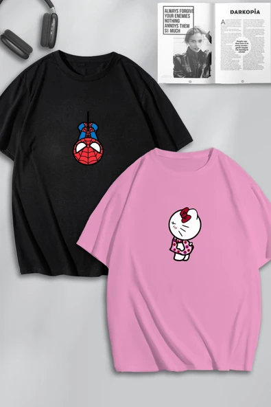 macklin Unisex Kadın Erkek Hello Kitty v Spiderman Baskılı Sevgili Çift Kombini Tasarım Oversize Tshirt 2'li