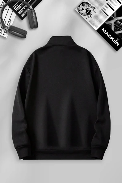 macklin Unisex Kadın Erkek NY Baskılı Yarım Fermuarlı Dik Yaka Basic Kazak - 2
