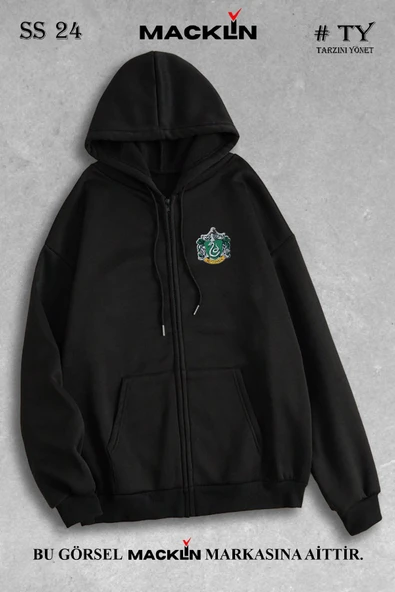 macklin Unisex Kadın Erkek Kapüşonlu Harry Potter Slytherin Baskılı Fermuarlı Sweatshirt Polar Ceket