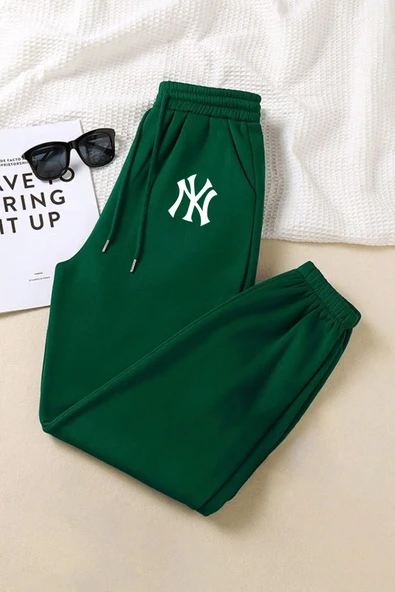 macklin Unisex Kadın Erkek NY Baskılı Elastik Bel Ve Paça Termal Astarlı 3 İplik Jogger Eşofman Altı