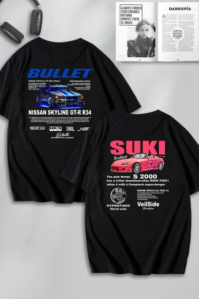 macklin Unisex Hızlı ve Öfkeli Bullet & Suki SIRT Baskılı Sevgili Çift Kombini Tasarım Oversize T-shirt 2'li