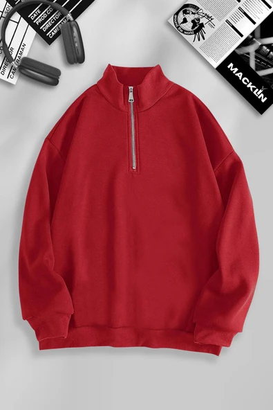 macklin Unisex Kadın Erkek Baskısız Yarım Fermuarlı Dik Yaka Basic Kazak