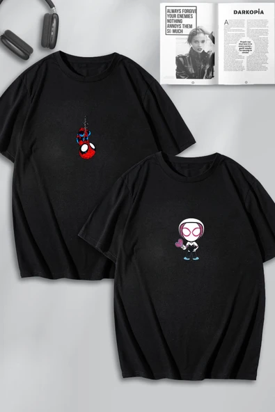 macklin Unisex Kadın Erkek Spiderman and Gwen Sevgili Çift Kombini Tasarım Oversize Tshirt 2'li