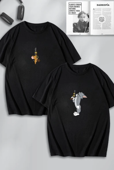 macklin Unisex Kadın Erkek Tom ve Jerry Düello Baskılı Sevgili Çift Kombini Tasarım Oversize Tshirt 2'li