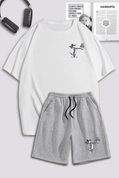macklin Unisex Kadın Erkek Tom ve Jerry Çiçek Baskılı Özel Tasarım Oversize T shirt Ve Şort Eşofman Takımı