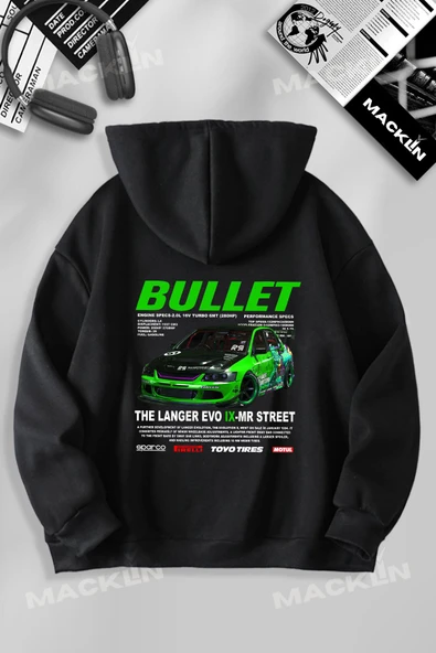 macklin Unisex Kadın Erkek Hızlı ve Öfkeli Bullet Suki EVO IX SIRT Baskılı Özel Tasarım Kapşonlu Sweatshirt