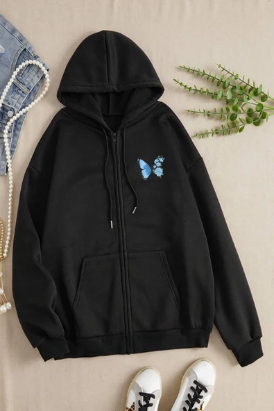 macklin Kadın Kapüşonlu Mavi Kelebek Baskılı Fermuarlı Sweatshirt Polar Ceket